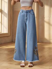 SHEIN Essnce Women's Solid Color Embroidered Casual Denim Jeans - Light Wash - View 3