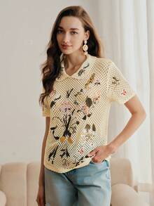 Anewsta Women's Fashion Embroidered Knit Short Sleeve Top, Early Spring - Yellow - View 5