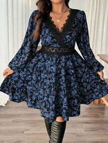 Lounesse Vestido casual plus size com renda floral contrastante, outono - Multicolorido - Ver 2