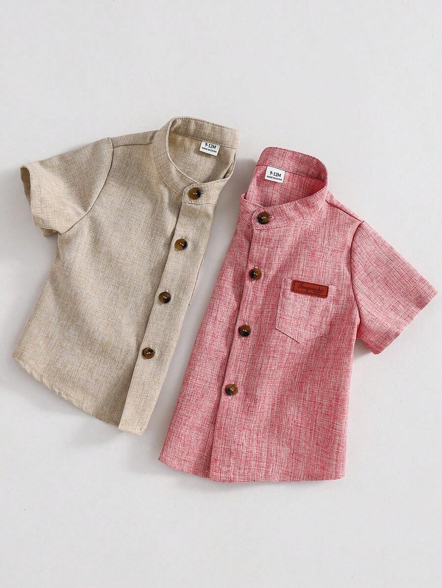 SHEIN 2件套男婴休闲百搭简约纯色短袖立领衬衫套装,基础款衬衫多件装,适合生日派对、晚宴、演出、婚礼、迎婴派对、一周岁生日庆祝等场合。 - 彩色 - 查看 1