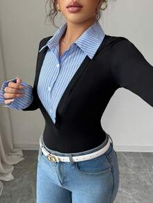 SHEIN PETITE Áo sơ mi dài tay dáng thanh lịch, phối sọc, có phần eo thắt gọn, thích hợp cho việc đi làm hàng ngày. - màu đen - Xem 7