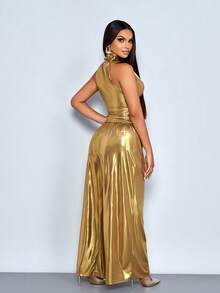 SOLERSUN 四季皆宜的女装，优雅休闲，派对风格，金色，弹力面料，闪亮反光激光面料，立领，侧系领口，无袖，背心款式，收腰设计，修身上衣，松紧腰带，阔腿裤，裤装套装，两件套 - 金色 - 查看 2