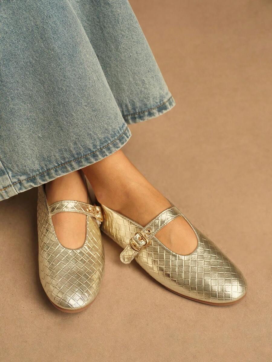 Rosivie 女士平底鞋，金色编织玛丽珍平底鞋，皮革软底复古圆头单扣夏季透气鞋 - 玫瑰金 - 查看 1