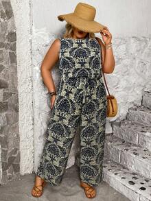 EMERY ROSE Plus Size Casual Retro Print Round Neck Jumpsuit, Versatile - Blue - View 1