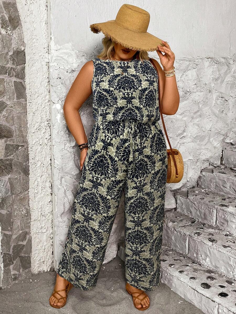 EMERY ROSE Plus Size Casual Retro Print Round Neck Jumpsuit, Versatile - Blue - View 1