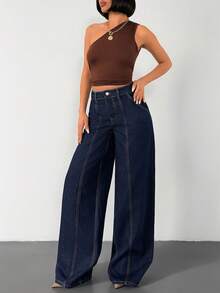 SHEIN High Waist Sewing Detailed Wideleg Jean - Dark Wash - View 6