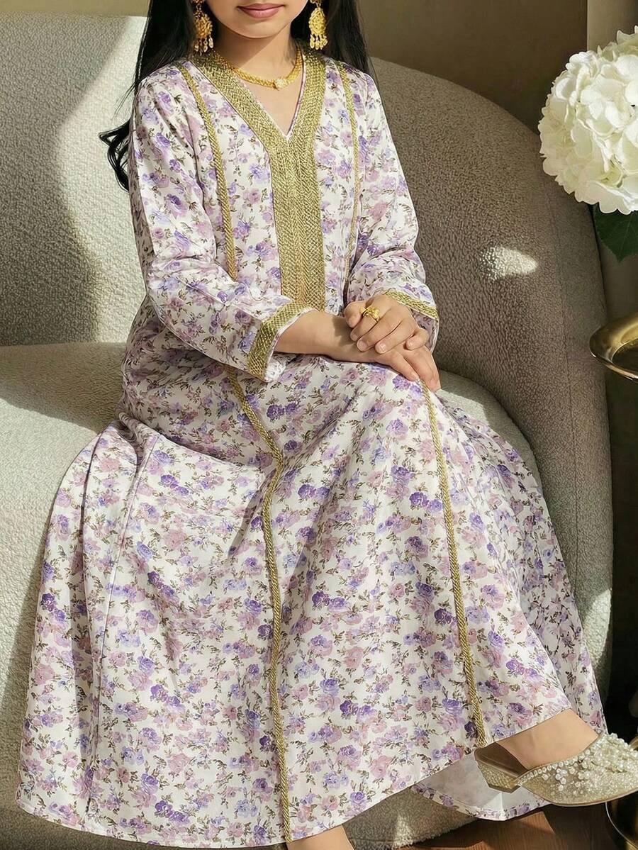 SHEIN 少女浅紫色印花休闲V领超长金属边宽松连衣裙,印花拼接简约长袖阿拉伯风连衣裙,端庄大方 - 淡紫色 - 查看 1