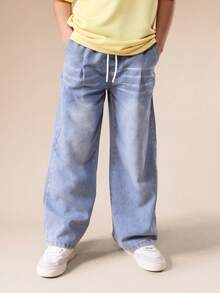 Quần jean denim ống rộng xếp ly SUMWON dành cho bé trai, cạp chun có dây rút, dáng rộng thoải mái, thích hợp cho cả ngày thường và kỳ nghỉ. - Rửa trung bình - Xem 4