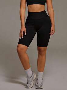 Easithlete 高弹力无缝宽带腰运动短裤女士运动短裤、健身短裤、骑行短裤 - 黑色 - 查看 1