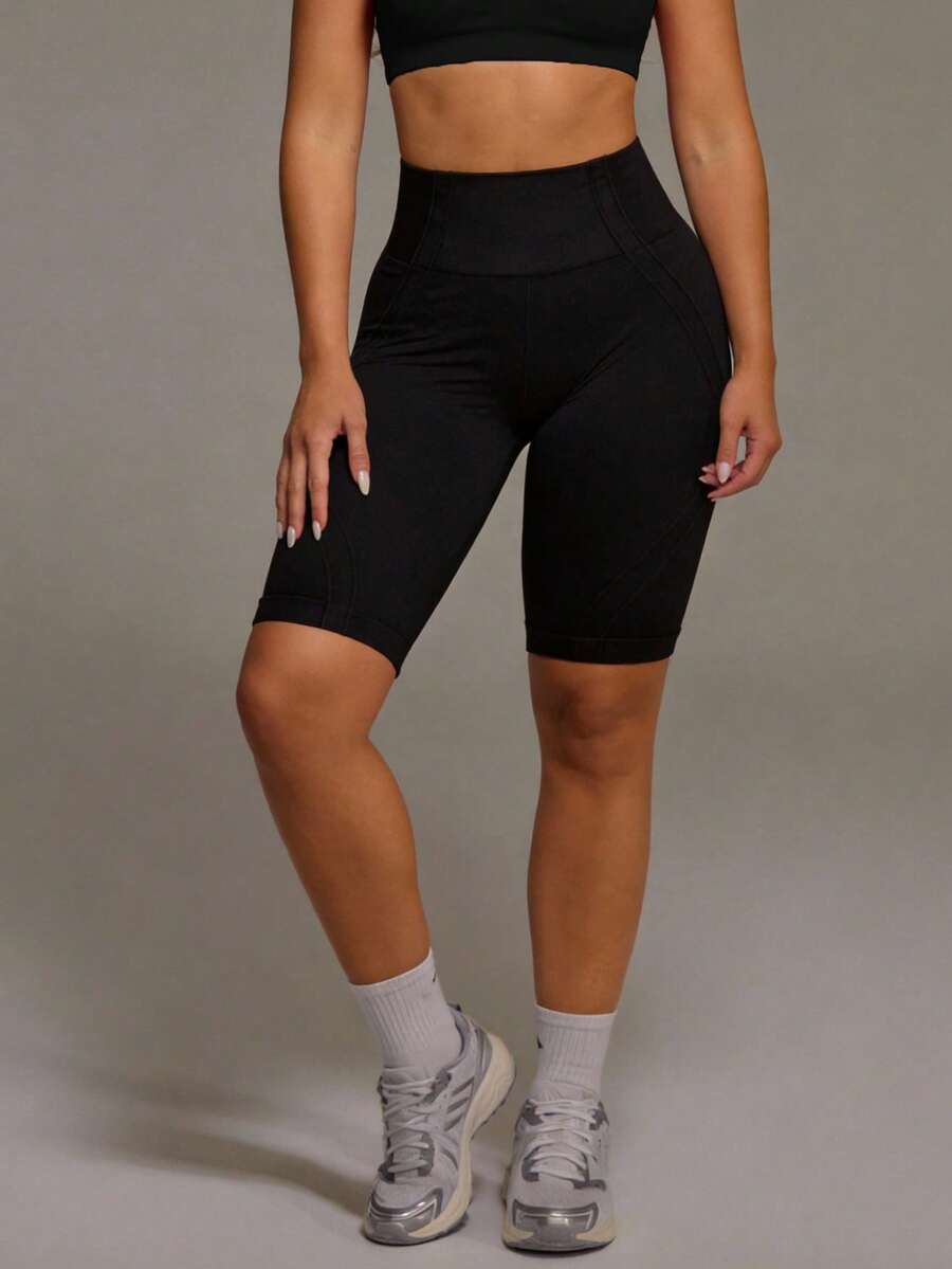 Easithlete 高弹力无缝宽带腰运动短裤女士运动短裤、健身短裤、骑行短裤 - 黑色 - 查看 1