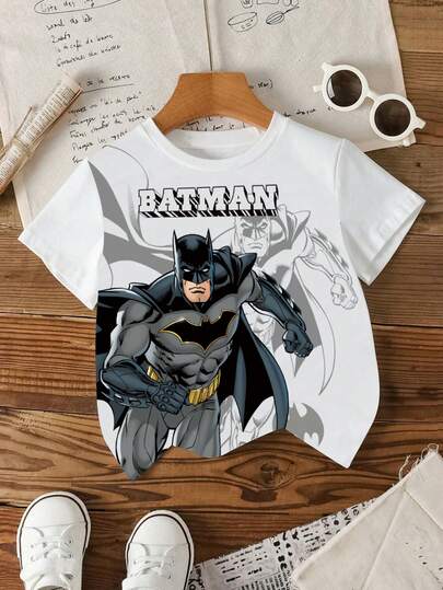 BATMAN X SHEIN Young Boy Casual Cartoon Figure Graphic Short Sleeve T-Shirt, Cute & Cool Design, Suitable For Summer
