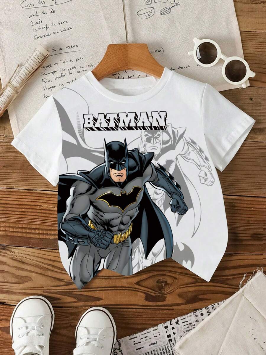 BATMAN X SHEIN 男童休闲卡通图案短袖T恤，可爱酷炫设计，适合夏季穿着 - 白色 - 查看 1