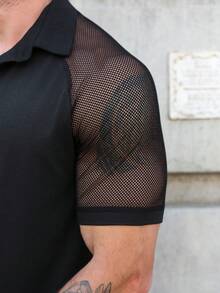 Manfinity AFTRDRK 男士夏季镂空拼接插肩短袖黑色Polo衫 男士短袖衬衫 渔网衬衫 男士透视上衣 男士网眼衬衫 男士黑色性感Polo衫 - 黑色 - 查看 2