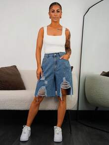 SAYEHFBABY Quần short denim nữ cạp thấp, rộng rãi, rách 5 điểm, họa tiết kim cương Bermuda / Quần short denim xanh nhạt / Quần áo mùa thu nữ / Trở lại trường / Quần áo đồng quê nữ / Quần áo hòa nhạc đồng quê / Quần áo nữ cổ điển / Quần áo đi chơi / Quần áo sân bay nữ / Trang phục đường phố nữ / Quần áo nữ phong cách Y2K - Rửa trung bình - Xem 5