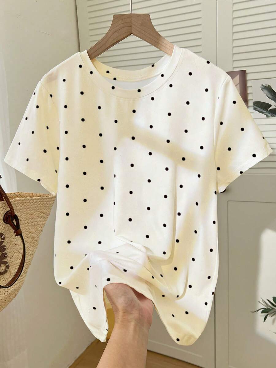 Resyla 甜美可爱的黑色杏色波点印花女式修身T恤，适合夏季穿着，时尚T恤，漂亮T恤，送给兄弟姐妹的礼物，送给姐妹的礼物，送给妈妈的礼物，母亲节礼物，休闲时尚上衣。 - 杏色 - 查看 1