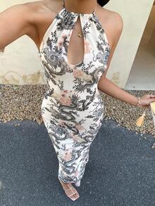 EastFlair All-Over Print Halter Backless Fitted Sexy Sleeveless Dress - White - View 1