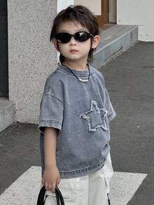 Dazy Kids Toddler Boys' Loose Casual Denim T-Shirt With Star Pattern, Summer - Light Wash - View 2
