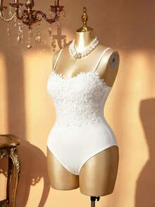 Rometta Plus Size Lace Applique Fitted Elegant Bodysuit - White - View 2