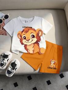 SHEIN Playful Pals 两件套男婴可爱休闲卡通狮子字母印花宽松圆领T恤和短裤套装，适合夏季、休闲、户外、运动、上学穿着 - 彩色 - 查看 3
