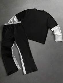 PAVTROS 男士字母印花圆领短袖T恤和抽绳腰休闲裤套装 - 彩色 - 查看 2