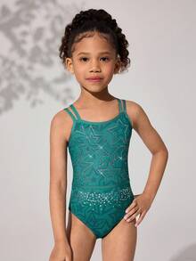 Young Girls Gymnastics Leotard, Professional Sports Gymnastics Dance High Stretch Breathable Green Sparkling Star Pattern Rhinestone Jumpsuit - Green - View 1