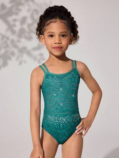Young Girls Gymnastics Leotard, Professional Sports Gymnastics Dance High Stretch Breathable Green Sparkling Star Pattern Rhinestone Jumpsuit