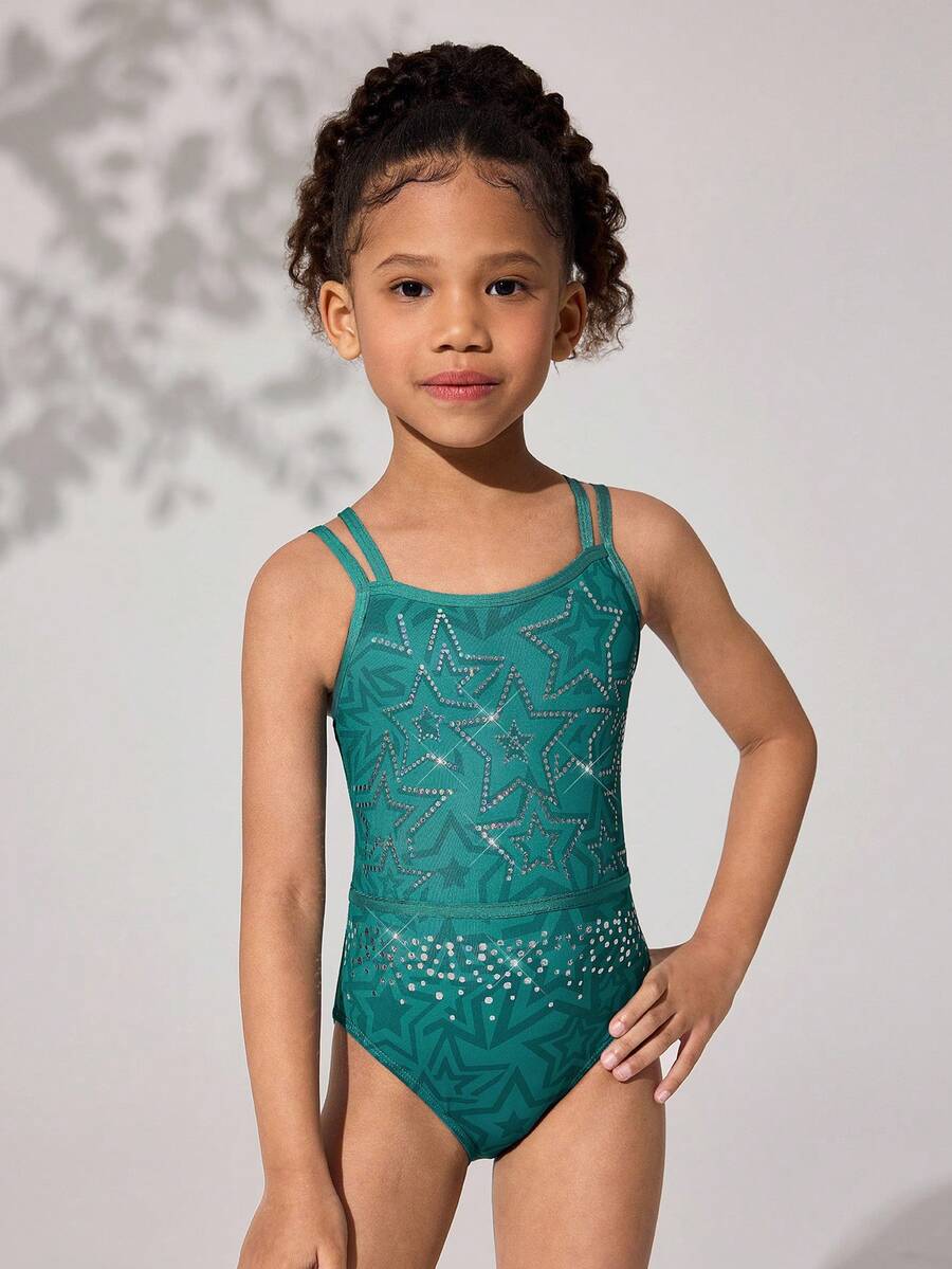 Young Girls Gymnastics Leotard, Professional Sports Gymnastics Dance High Stretch Breathable Green Sparkling Star Pattern Rhinestone Jumpsuit - Green - View 1