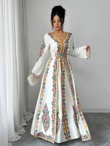 Elenzga 新款春夏波西米亚风中东印花V领收腰长袍，蝙蝠袖长袖，金色滚边长裙 - 彩色 - 查看 8