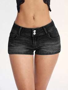 SHEIN ICON Quần short denim đen dáng ôm có túi dành cho nữ cỡ lớn, thời trang thường ngày. - màu đen - Xem 1