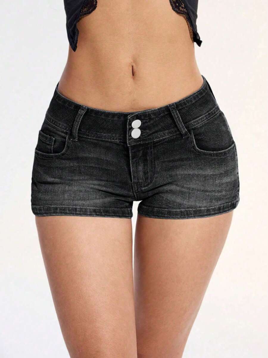 SHEIN ICON Quần short denim đen dáng ôm có túi dành cho nữ cỡ lớn, thời trang thường ngày. - màu đen - Xem 1