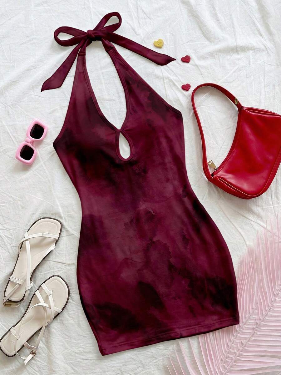 Soleia 女士休闲优雅修身迷你连衣裙，度假连衣裙，夏季套装，镂空露背连衣裙，扎染印花，安哥拉红 - 彩色 - 查看 1