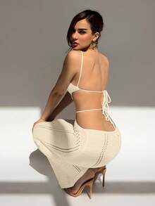 Aloruh Đầm dệt kim dáng ôm không tay cổ chữ U khoét rỗng, kiểu dáng thường ngày dành cho nữ. - Màu be - Xem 2