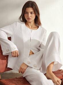 Ocili 100%纯棉舒适波西米亚刺绣贝壳纽扣长袖休闲女式睡衣套装 - 白色 - 查看 7