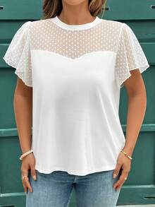 Reflora 大码女式波尔卡圆点网眼拼接荷叶边圆领短袖衬衫 - 白色 - 查看 5