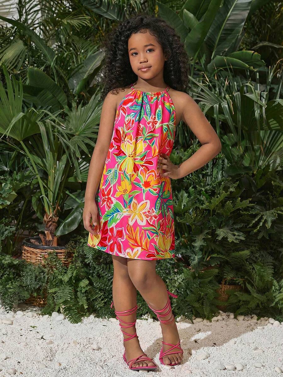 SHEIN 少女度假休闲雪纺碎花吊带连衣裙 - 粉色 - 查看 1