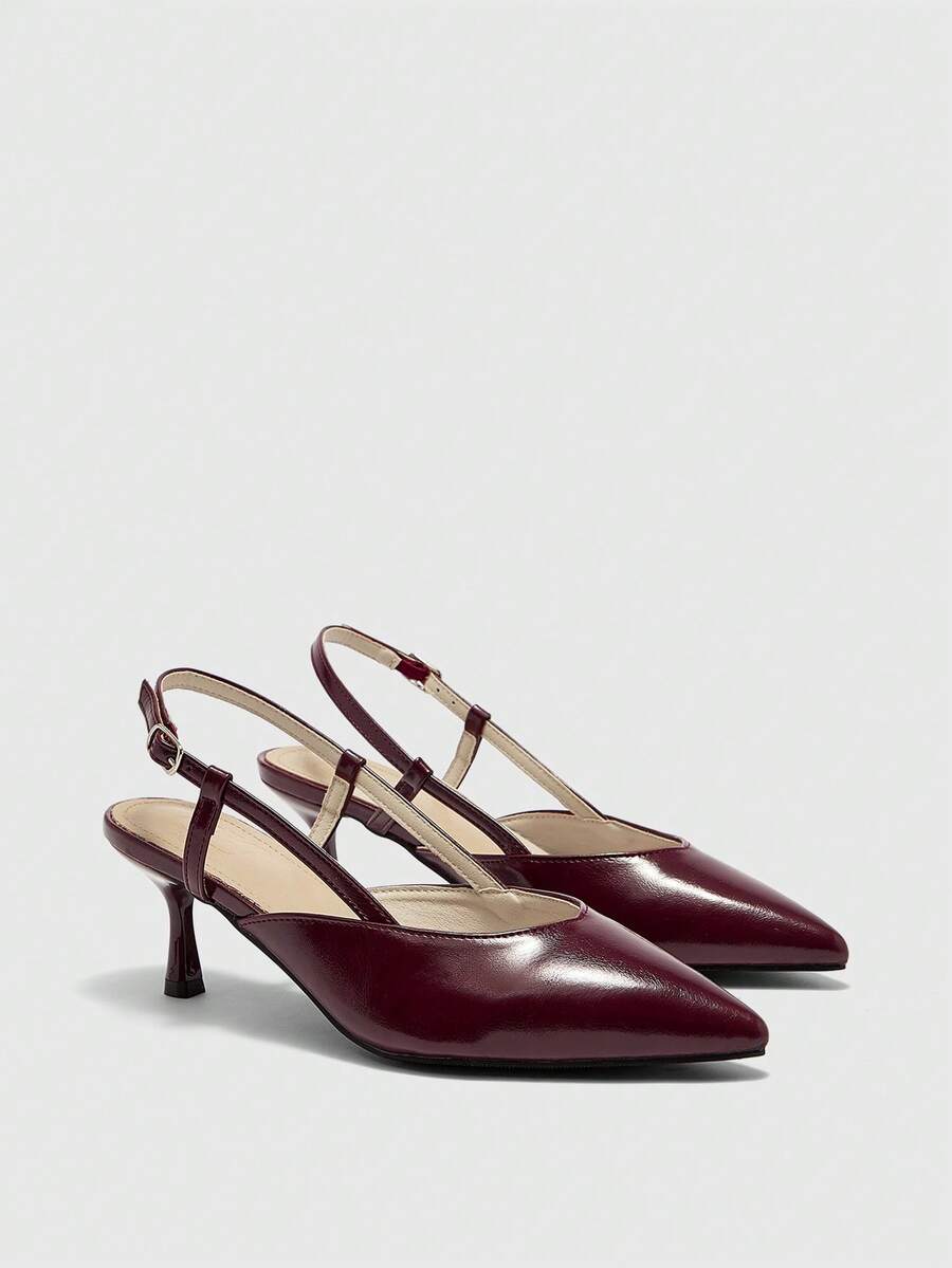CUCCOO BIZCHIC 女士高跟单鞋，复古酒红色漆皮尖头细跟凉鞋，侧面镂空透气软底，舒适优雅的单鞋，通勤约会修长百搭高跟鞋 - 酒紅色 - 查看 1