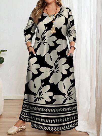 Mellowie Elegant Floral Print Plus Size Long Sleeve Crew Neck Dress For Women, Suitable For Spring