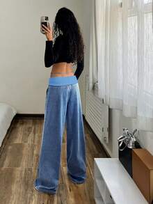 StreetHx Quần jeans nữ ống rộng dáng suông, cạp gập có túi, kiểu dáng thường ngày. - Màu xanh lam - Xem 2