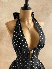 Soleia 女士波点V领镂空腰A字迷你连衣裙，适合派对、圣诞节、约会、夜店、波西米亚风、度假、秋季等场合。 - 黑與白 - 查看 5
