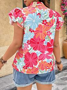 Breezaya Damen Große Größen Bluse mit Blume Muster, V-Ausschnitt und Rüschenärmeln, Lässig - Verschiedenfarbig - Übersicht 2