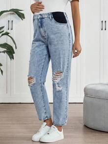 SHEIN Quần jean skinny lửng rách nhẹ, thích hợp mặc đi làm hàng ngày, phong cách đường phố, mùa xuân hè, ngày lễ tình nhân, lễ hội hóa trang, đi làm, nghỉ lễ, tốt nghiệp, sang trọng, phong cách Y2K, dễ thương, thời trang đường phố, dự tiệc, đám cưới, thanh lịch, công sở, thường ngày, nữ tính, quần jean nữ màu sáng, dáng rộng, cạp cao, rách nhẹ. - Màu xanh lam - Xem 6