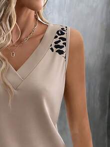 Selamara Khaki V-Neck Casual Sleeveless Top With Leopard Print Shoulder Design - Multicolor - View 3