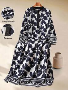 SHEIN RusticEase 女士圆领纽扣半开襟碎花休闲连衣裙，适合约会和外出穿着 - 黑與白 - 查看 4