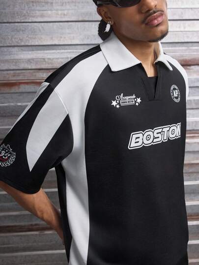  AXEPEAK Casual Sports Baseball Polo Shirt, Letter Print, Color Block, Short Sleeve, Cropped, Men