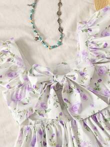 SHEIN Gaun Anak Perempuan Remaja Elegan dengan Hiasan Pita dan Rumbai Motif Bunga, Gaun Remaja Perempuan dengan Pita di Belakang, Gaun Musim Semi untuk Anak Perempuan dengan Lengan Bergelombang - Mauve Purple - View 5