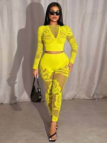 Zolique Bộ đồ 2 mảnh thời trang nữ gợi cảm, áo crop top dài tay phối lưới và quần dài, bộ trang phục 2 mảnh cho nữ, bộ đồ 2 mảnh cho nữ, bộ đồ 2 mảnh thường ngày cho nữ. - Màu vàng - Xem 4