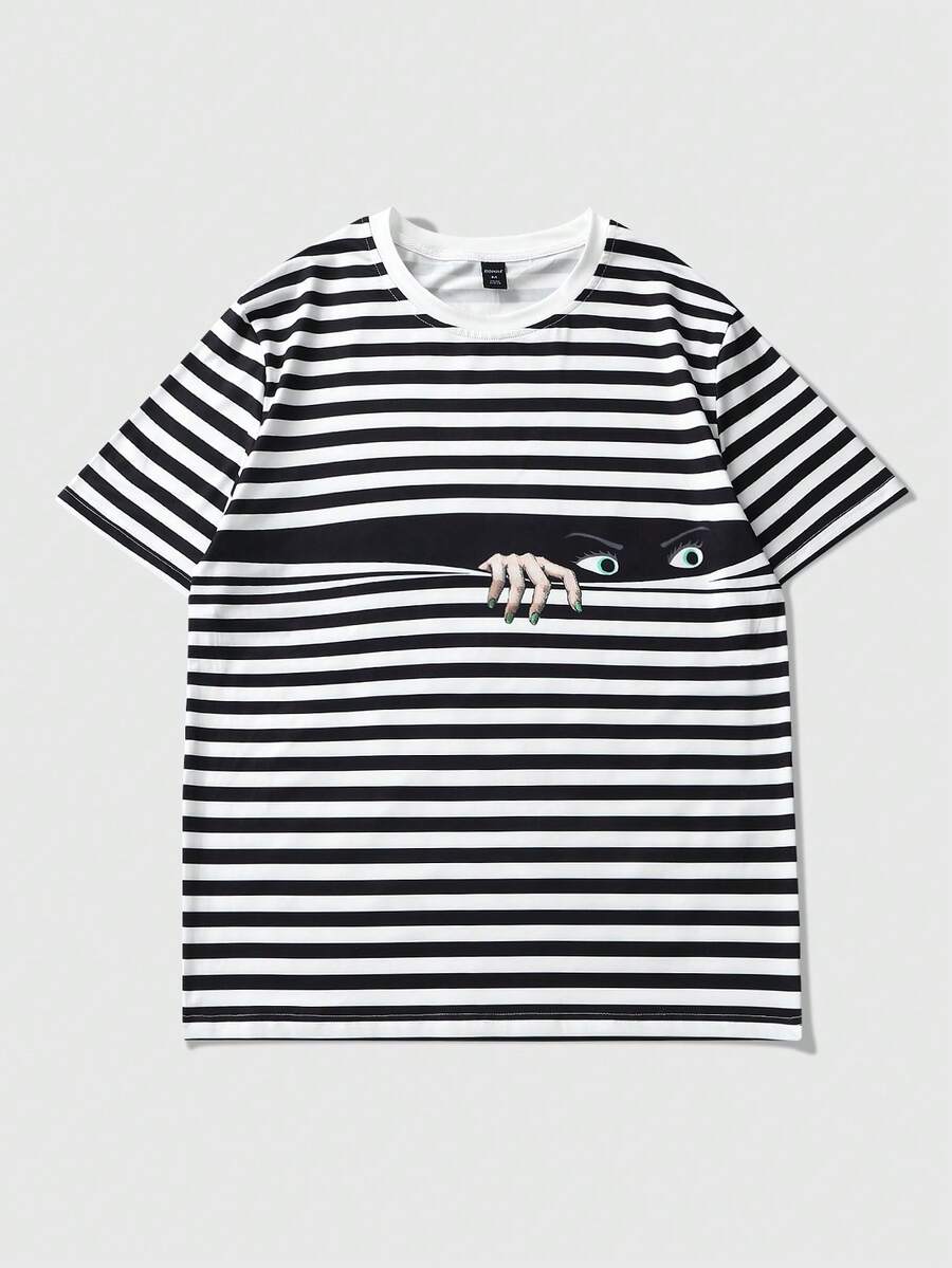 ROMWE MEN Men's Casual Round Neck Short Sleeve Striped Graphic T-Shirt - Black and White - View 1