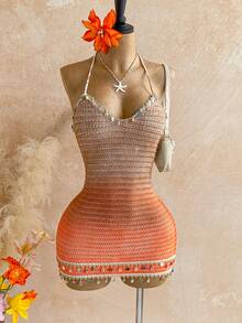 Soleia Women's Summer Vacation Ombre Shell Decor Halter Knit Dress - Multicolor - View 1