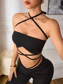 Slayform 女士交叉露背吊带无袖V领露脐上衣，休闲运动性感背心，适合日常穿着 - 黑色 - 查看 4