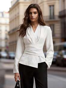 BizChic Bluză elegantă pentru femei, primăvară/vară 2026, albă, texturată, cu croială asimetrică, design asimetric, cu talie încrețită, subțire - alb - Vizualizare 9